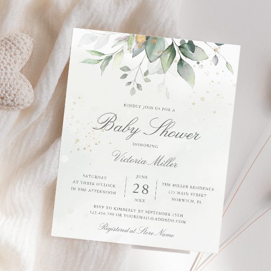 Eukalyptus Botanical Gold Baby Dusche Einladung