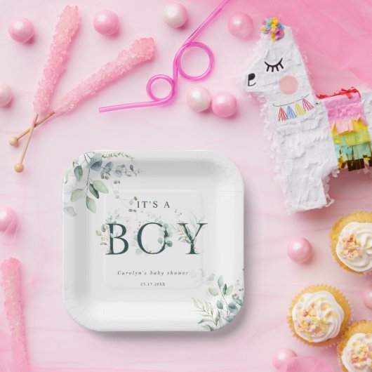 Eukalyptus Botanical Green Letter Boy Baby Dusche Pappteller (Party)