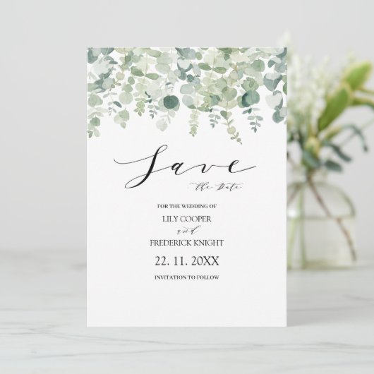 Eukalyptus Botanical Green Wedding Save The Date (Stehend Vorderseite)