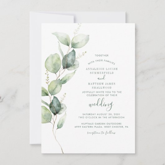 Eukalyptus Botanical Greenerenerity Script Wedding Einladung (Vorderseite)