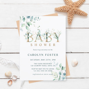Eukalyptus Botanical Letter Gold Baby Dusche Einladung
