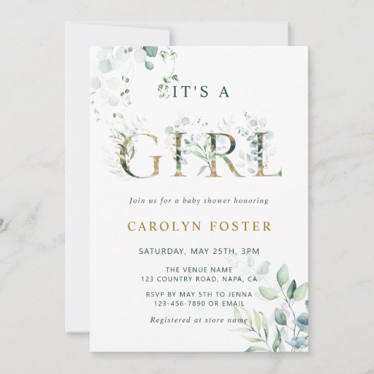 Eukalyptus Botanical Letter Gold Girl Baby Dusche Einladung (Vorderseite)