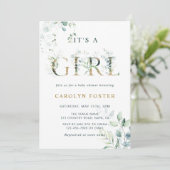 Eukalyptus Botanical Letter Gold Girl Baby Dusche Einladung (Stehend Vorderseite)
