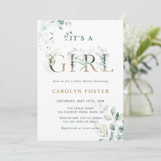 Eukalyptus Botanical Letter Gold Girl Baby Dusche Einladung (Stehend Vorderseite)
