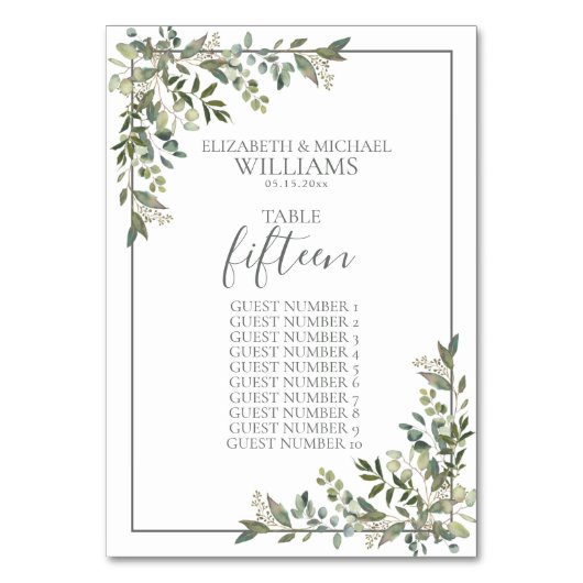 Eukalyptus Botanical Sage Green Guest Names Tischnummer (Vorderseite)