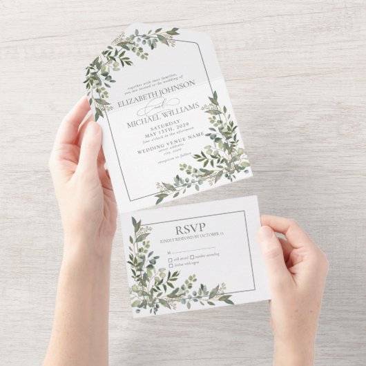 Eukalyptus Botanical Sage Green Script Wedding All All In One Einladung (Abreißen)