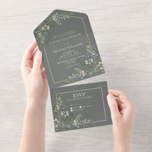 Eukalyptus Botanical Sage Green Script Wedding All In One Einladung (Abreißen)