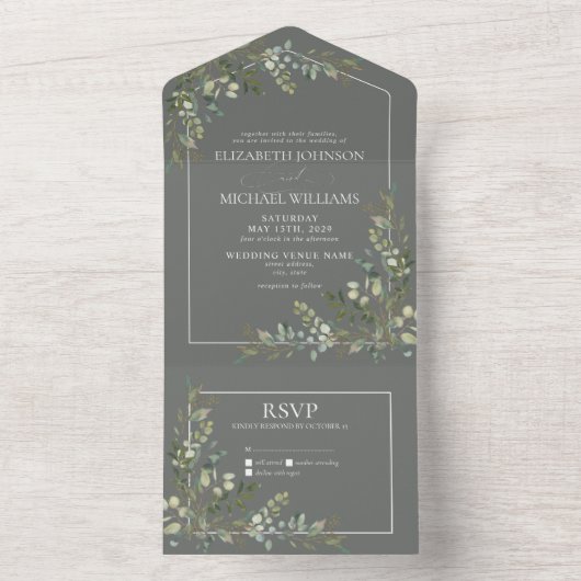 Eukalyptus Botanical Sage Green Script Wedding All In One Einladung (Innen Boden)