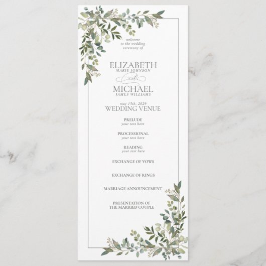 Eukalyptus Botanical Sage Green Script Wedding Programm (Vorderseite)