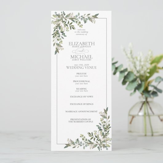 Eukalyptus Botanical Sage Green Script Wedding Programm (Stehend Vorderseite)