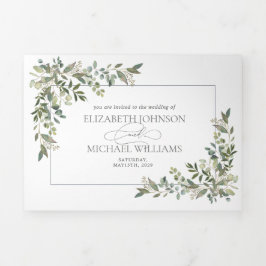 Eukalyptus Botanical Sage Green Script Wedding Tri Dreifach Gefaltete Einladung