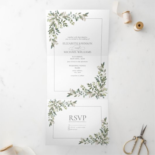 Eukalyptus Botanical Sage Green Script Wedding Tri Dreifach Gefaltete Einladung (Innenseite)
