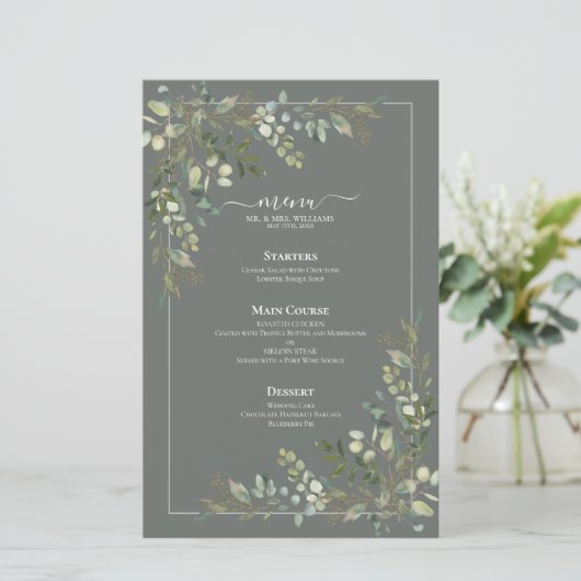 Eukalyptus Botanical Sage Green Wedding Menu (Stehend Vorderseite)