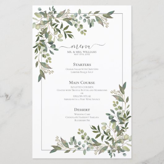 Eukalyptus Botanical Sage Green Wedding Menu (Vorderseite)