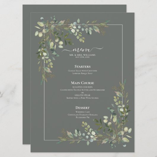 Eukalyptus Botanical Sage Green Wedding Menu Menükarte (Vorne/Hinten)