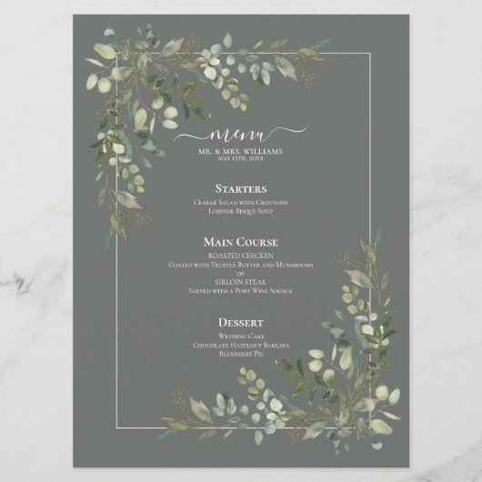Eukalyptus Botanical Sage Green Wedding Menu Menükarte (Vorderseite)