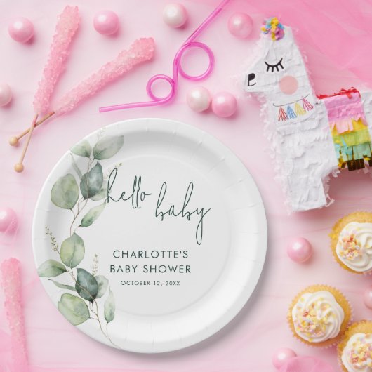 Eukalyptus Botanical Script Baby Shooter Pappteller (Party)