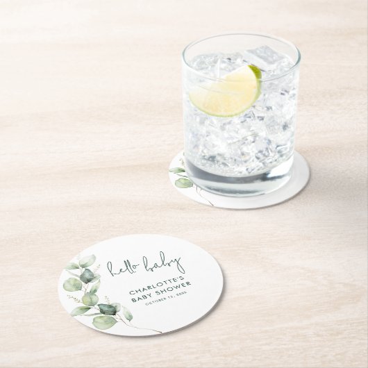 Eukalyptus Botanical Script Baby Shooter Runder Pappuntersetzer (Vor Ort)