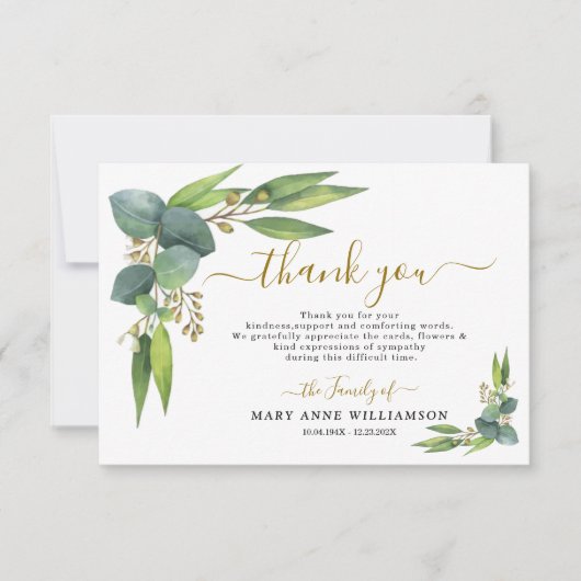 Eukalyptus Botanische Beerdigung Dankeschön Karte (Vorderseite)