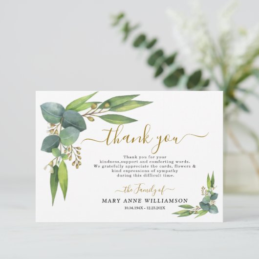 Eukalyptus Botanische Beerdigung Dankeschön Karte (Stehend Vorderseite)