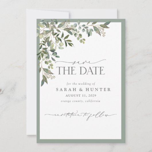 Eukalyptus Botanische Grünpflanzen Hochzeit Save The Date (Vorderseite)