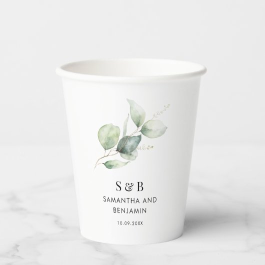 Eukalyptus botanische Hochzeit Pappbecher (Vorderseite)