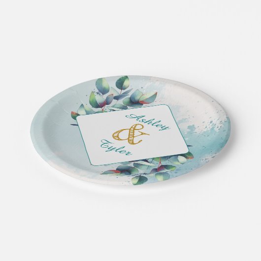 Eukalyptus botanische Hochzeit Pappteller (Schrägansicht)