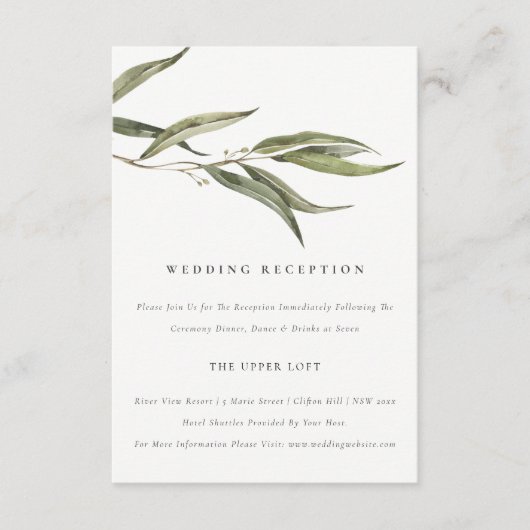 Eukalyptus botanische Hochzeitsempfang Begleitkarte (Vorderseite)