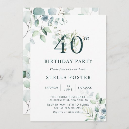 Eukalyptus Botanische Nummer 40. Geburtstagsfeier Einladung (Vorne/Hinten)