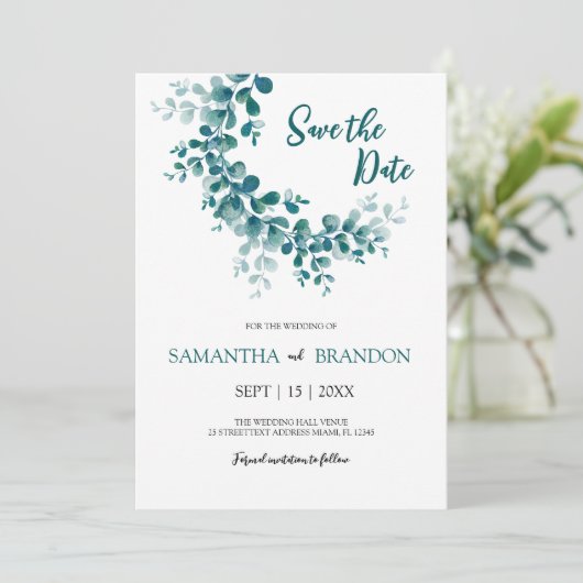 Eukalyptus botanische rustikale Vegetation minimal Save The Date (Stehend Vorderseite)