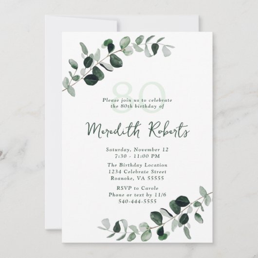 Eukalyptus Botanische Vegetation 80. Geburtstag Einladung (Vorderseite)