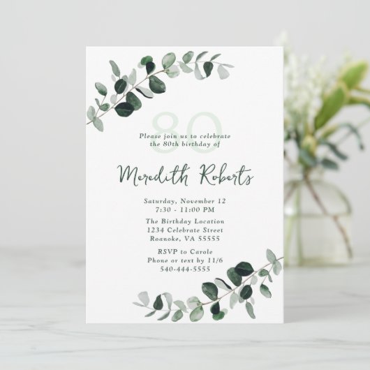 Eukalyptus Botanische Vegetation 80. Geburtstag Einladung (Stehend Vorderseite)