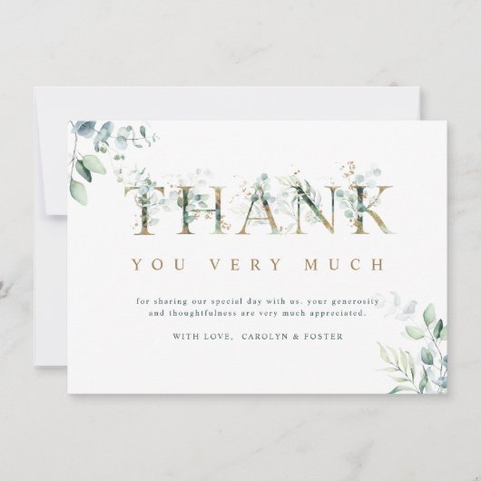 Eukalyptus Botanischer Brief Gold und Grün Dankeskarte (Vorderseite)