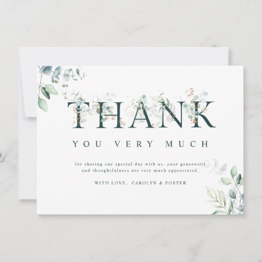 Eukalyptus Botanischer Buchstabe Grün & Weiß Dankeskarte (Vorderseite)