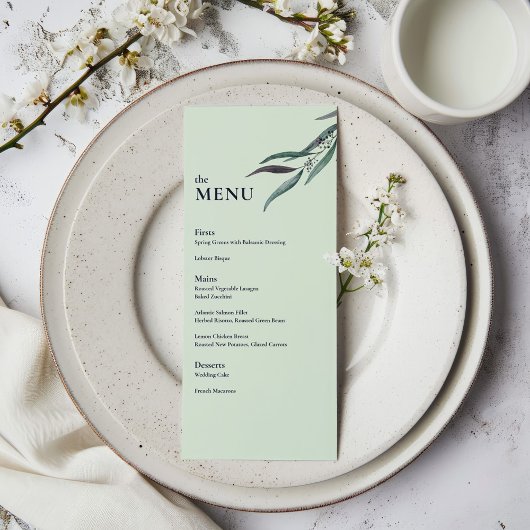 Eukalyptus-Botanischer-Garten-Hochzeitsdinner Menükarte