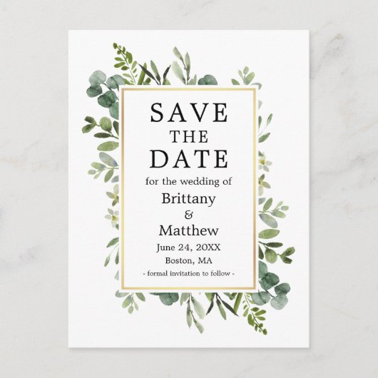 Eukalyptus botanischer Grünling Save the Date Postkarte (Vorderseite)