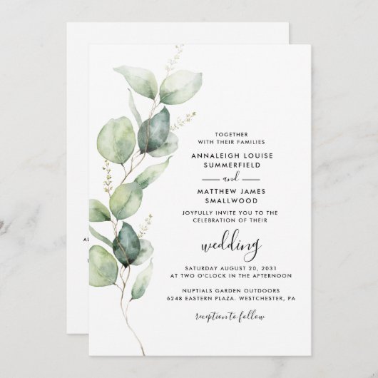 Eukalyptus Botanischer QR-Code Minimale Hochzeit Einladung (Vorne/Hinten)