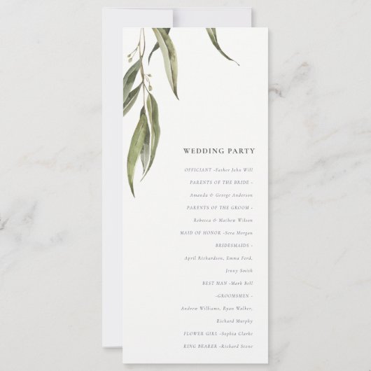 Eukalyptus botanisches Hochzeitsprogramm für Wasse Einladung (Rückseite)