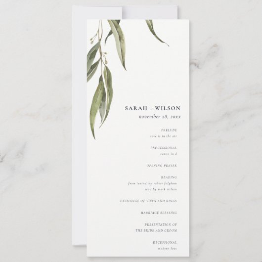 Eukalyptus botanisches Hochzeitsprogramm für Wasse Einladung (Vorderseite)