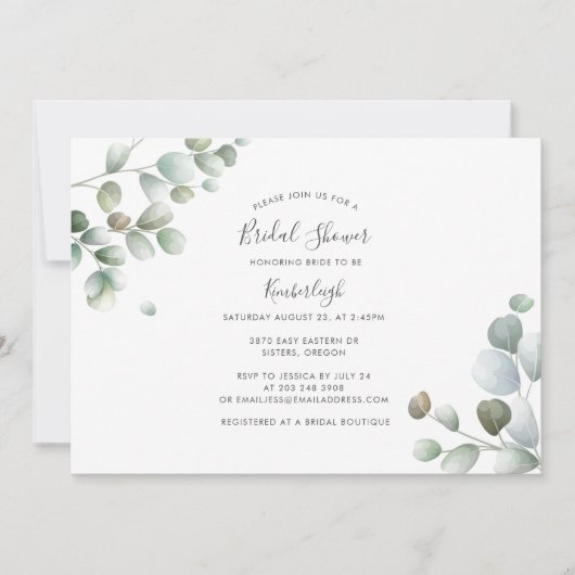 Eukalyptus Botanisches Script-Brautparty Einladung (Vorderseite)