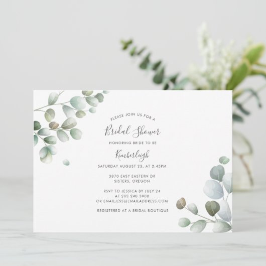 Eukalyptus Botanisches Script-Brautparty Einladung (Stehend Vorderseite)