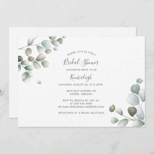 Eukalyptus Botanisches Script-Brautparty Einladung (Vorne/Hinten)