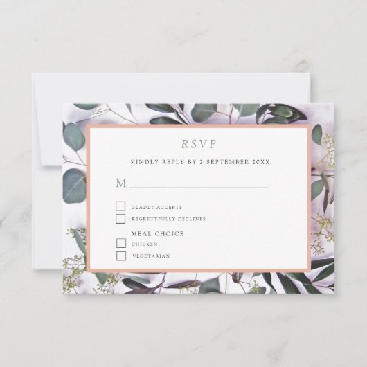 Eukalyptus Bouquet mit rosa Border Wedding RSVP Karte (Vorderseite)