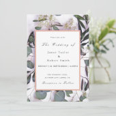 Eukalyptus Bouquet mit rosafarbener Grenzhochzeit Einladung (Stehend Vorderseite)