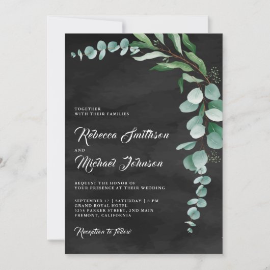 Eukalyptus Branch Charcoal Black QR Code Hochzeit Einladung (Vorderseite)