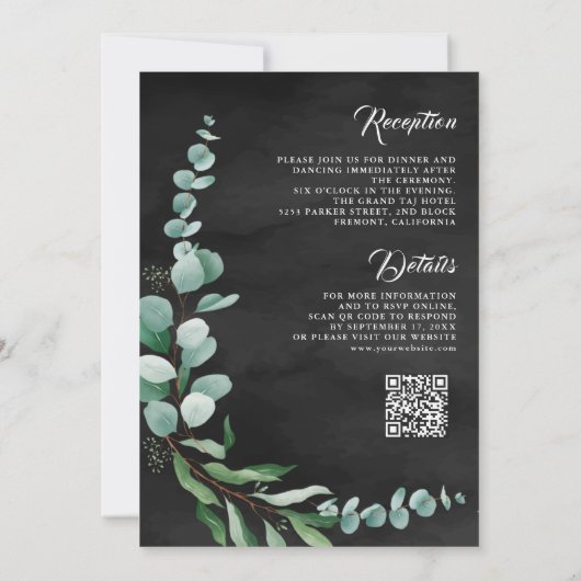 Eukalyptus Branch Charcoal Black QR Code Hochzeit Einladung (Rückseite)