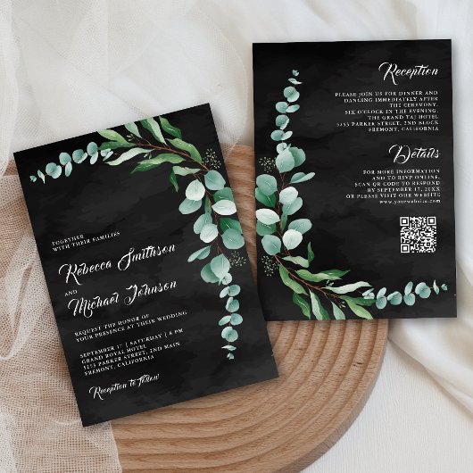 Eukalyptus Branch Charcoal Black QR Code Hochzeit Einladung