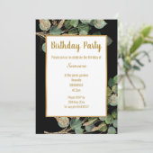 Eukalyptus Branch Green Gold Trim Birthday Einladung (Stehend Vorderseite)
