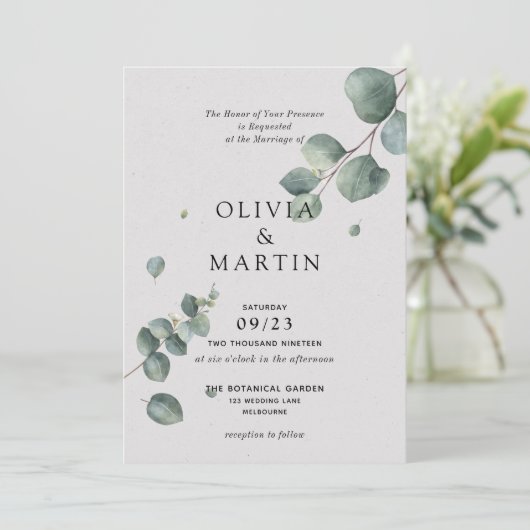 Eukalyptus Branch Wedding Einladung (Stehend Vorderseite)