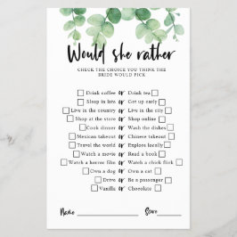 Eukalyptus Brautparty Game Wäre sie lieber Flyer